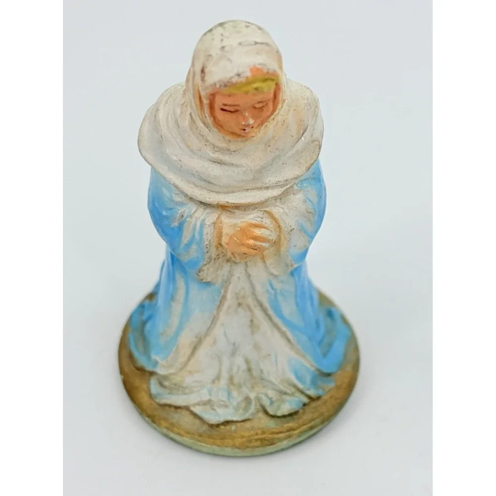 Vintage Putz Cardboard Manger & Chalkware Nativity Holy Family Jesus Mary Joseph